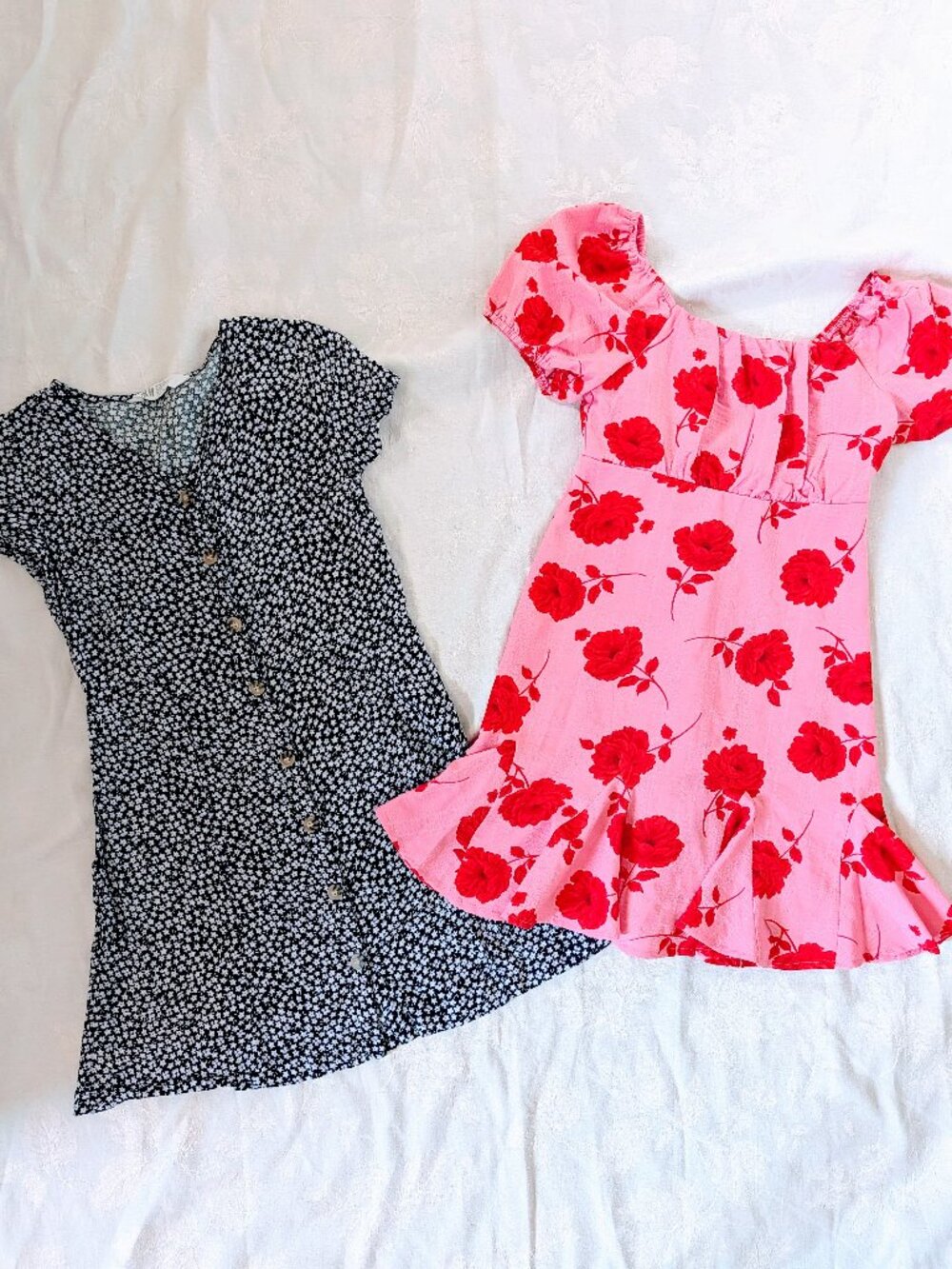 Bundle of 2 Girls Summer Dresses Size M 9/10 H&M 90s Floral Poppies & Roses Pink